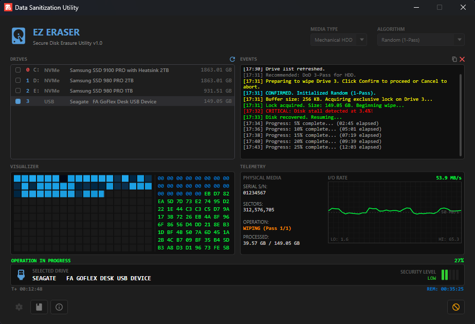 EZ Eraser main view showing live wipe in progress